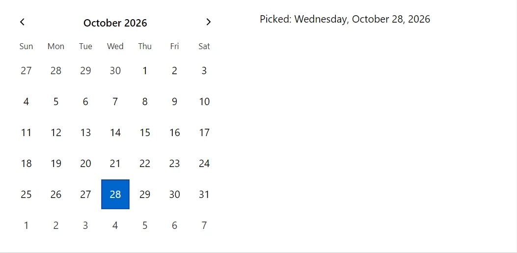 Calendar control in a RayCraft page