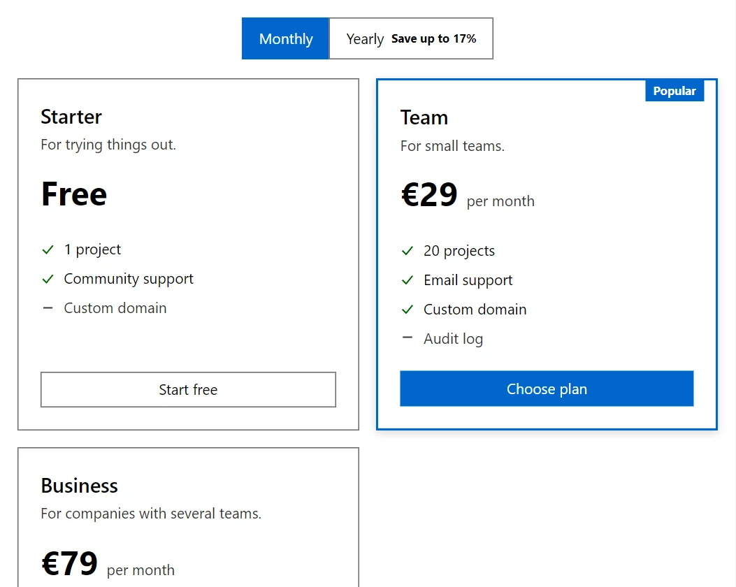 PricingTable control in a RayCraft page