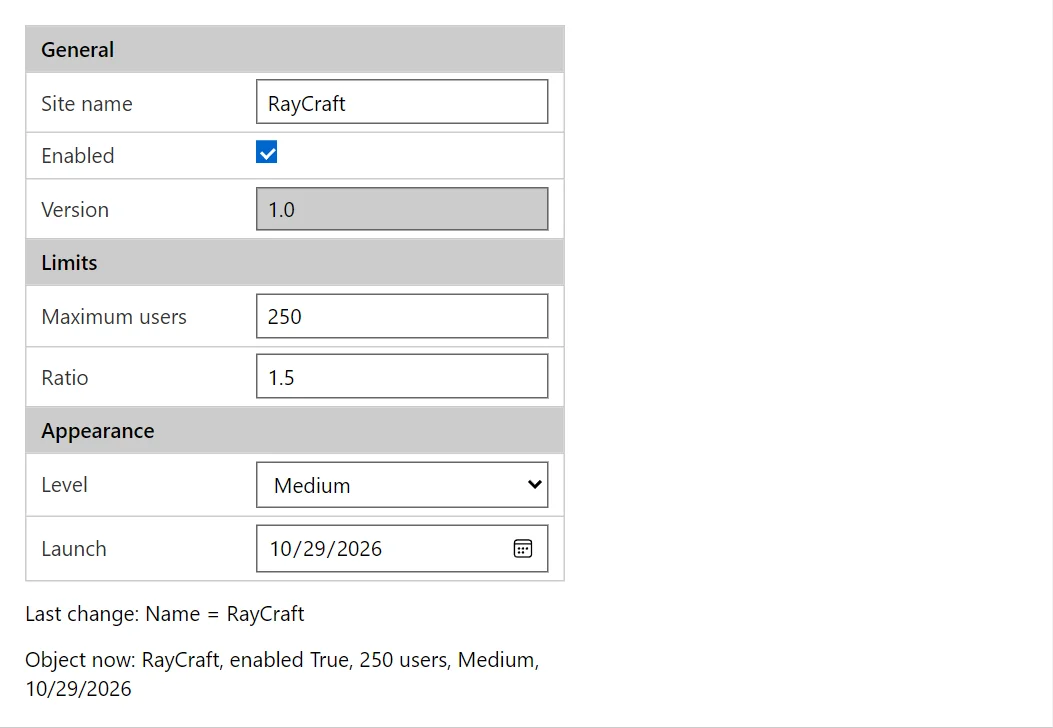 PropertyGrid control in a RayCraft page